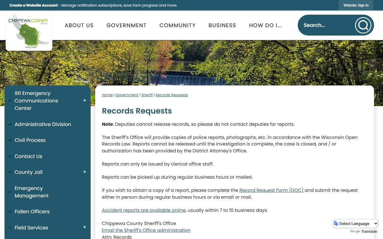 Chippewa County jail mugshots records request page for reports and photographs