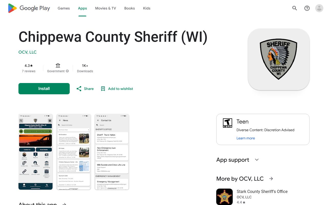 Chippewa County Sheriff app listing for inmate and sheriff information